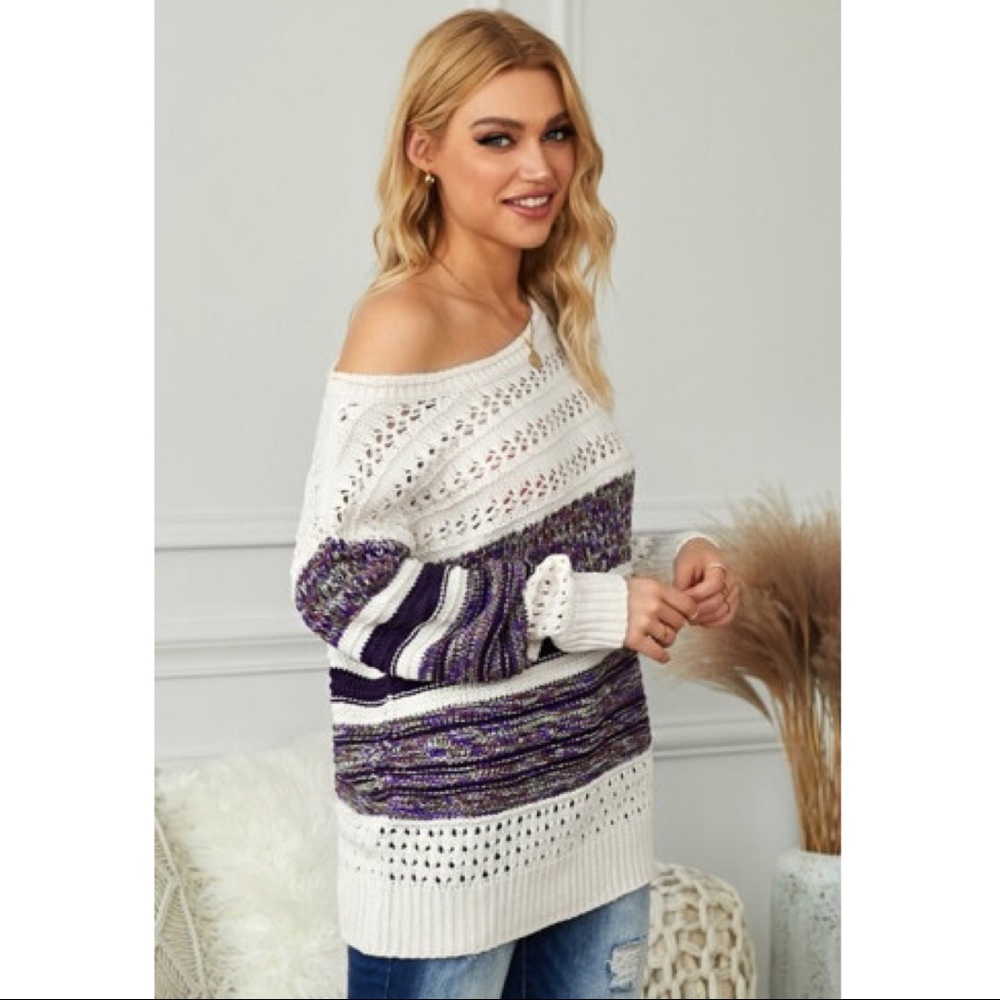 Purple Color Block Round Neck Sweater - Picture 3 of 6